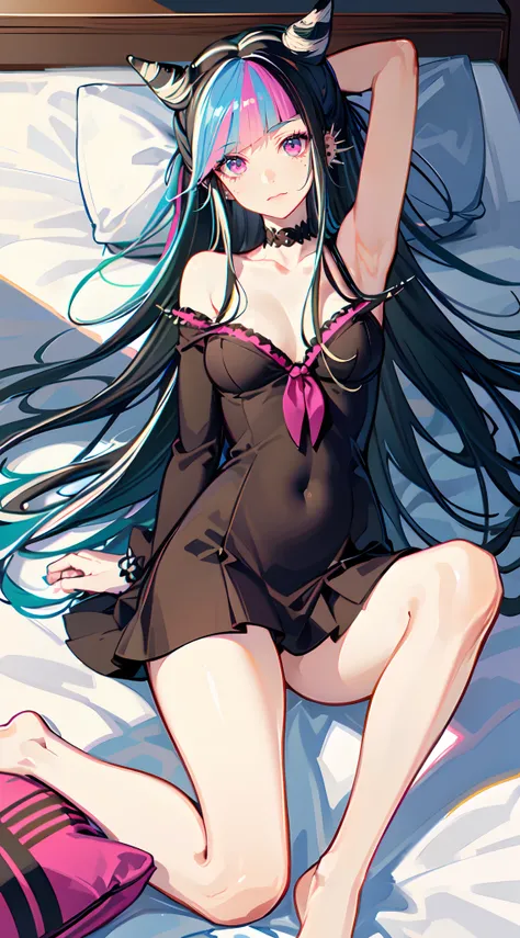 ibukimioda, ibuki mioda, black hair, blue hair, hair horns, ear piercing, lip piercing, long hair, multicolored hair, (pink eye, blue eye), pink hair, white hair, medium breasts, laying, in bed, bed, bedroom