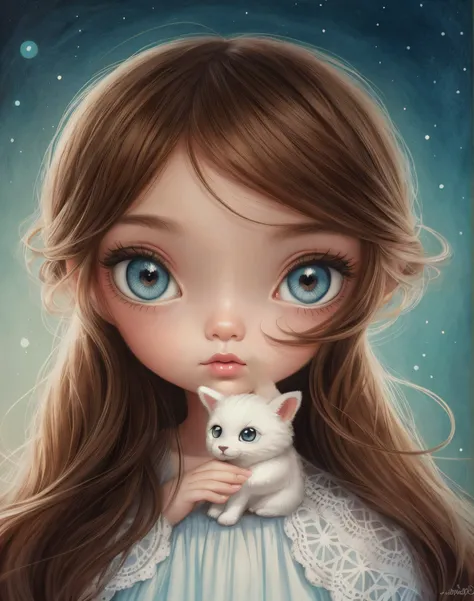 Theres a little girl, tristeza, fantasy, ADorable pintura Digital, LinDo arte Digital DetallaDo, LinDa criatura Del bosque, Mixed media illustration, Chica con ojos blancos, LinDo arte Digital DetallaDo, lindas ilustraciones detalladas, Girl with brown hai...