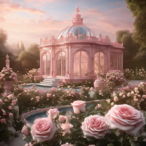 glass house garden , lavish rococo baroque setting, flowers , roses ,elegant and ornate, with soft pink colors,pastel pink,soft light ,digital paintings, , window,bokeh , 3d , render ,3d