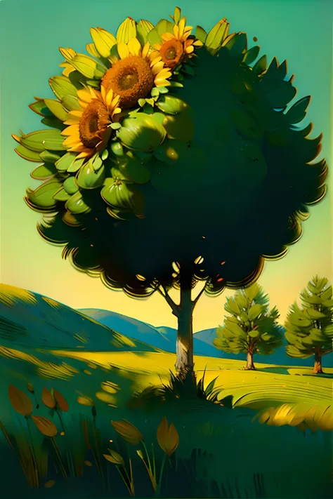 A painting of a summertime landscape, green trees, green grass, sunflowers, daytime light.