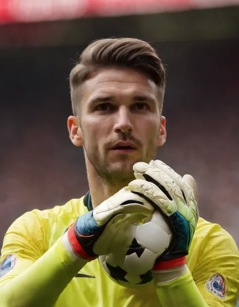 Homem Soccer Player Goalkeeper with goalkeeper glove defending penalty