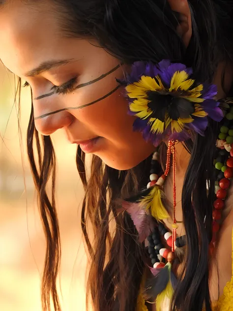 Extremely perfect cinematic hyperrealistic image of Beautiful woman with a flower in her hair looking at her phone, a young female shaman, beautiful young female shaman, Flower shaman, menina com penas, Nativo americano, amazon indian peoples in brazil, us...