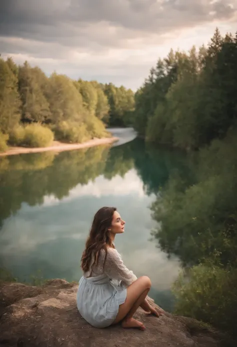 Generate an illustration of a contemplative landscape, calm and serene with mystic clouds and tranquil waters. 1 girl is sitting on a hill by a lake looking up in a sun covered sky in contemplative and philosothical, melancholic silent wonder.