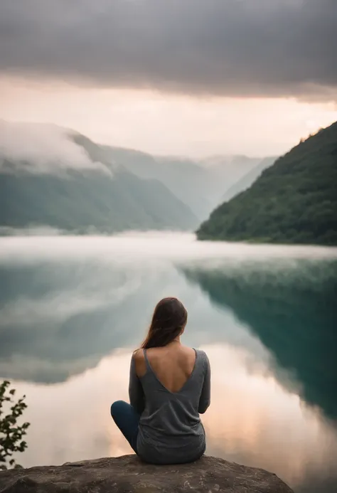 Generate an illustration of a contemplative landscape, calm and serene with mystic clouds and tranquil waters. 1 girl is sitting on a hill by a lake looking up in a sun covered sky in contemplative and philosothical, melancholic silent wonder.