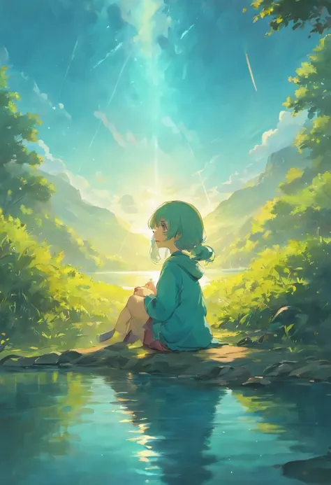 Generate an illustration of a contemplative landscape, calm and serene with mystic clouds and tranquil waters. 1 girl is sitting on a hill by a lake looking up in a sun covered sky in contemplative and philosothical, melancholic silent wonder.