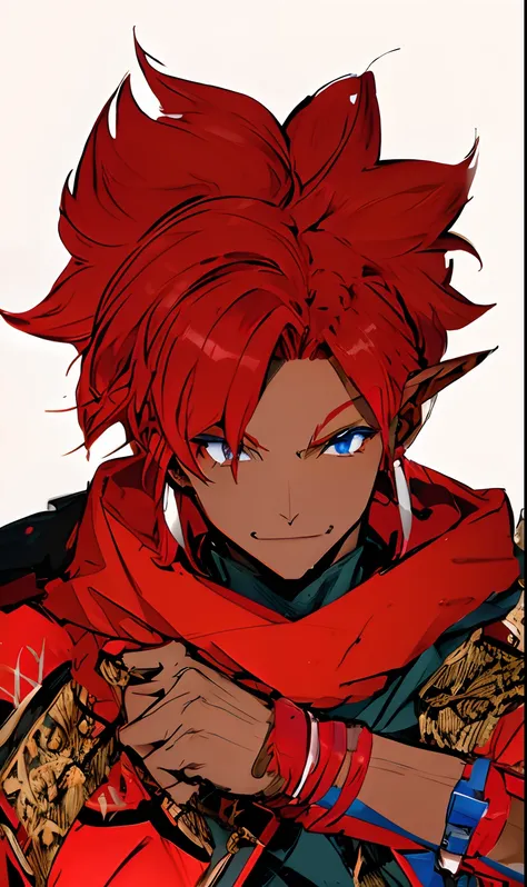 anime character with red hair and red cape, dark elf, dark skin, blue eyes, red hair