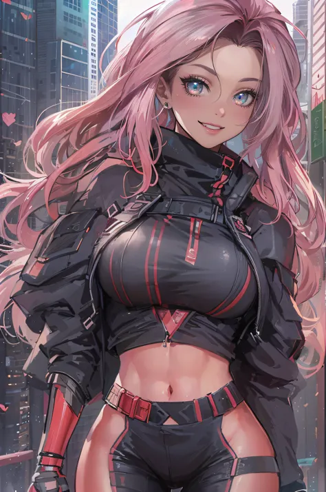 ((Sexy and beautiful female ninja)), ((22-year-old beauty)), ((beautiful and cool smile)), ((colorful long hair)), ((pink and black outfit) ), (( Rich bust)), ((gradient eyes)), ((background is a cyberpunk city)), fascinating makeup, single view, NFFSW, UH...