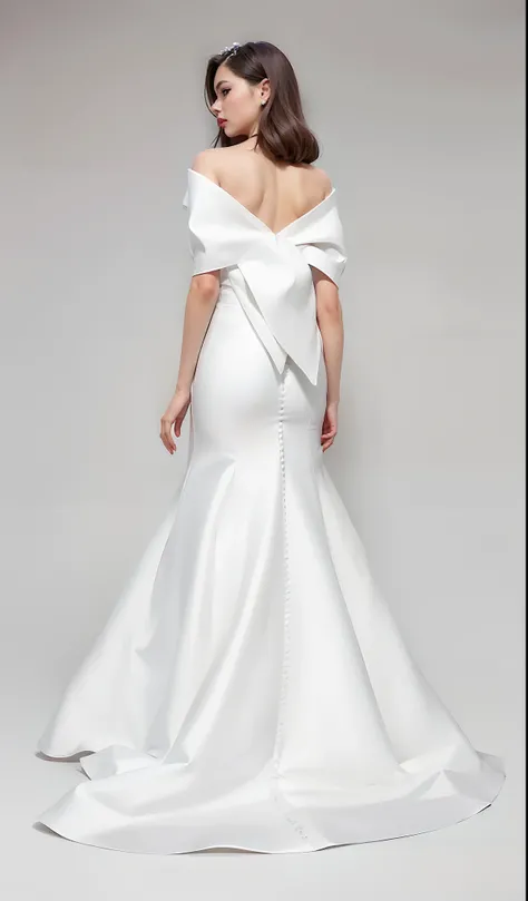 A woman in a white wedding dress with a large bow on her shoulder, rear facing, Back view. Nuri Iyem, vestido vestido bonito vestido, inspired by Martina Krupičková, Back view, vestido extravagante, Backview, Rear view, mangas destacadas, elegante e gracio...