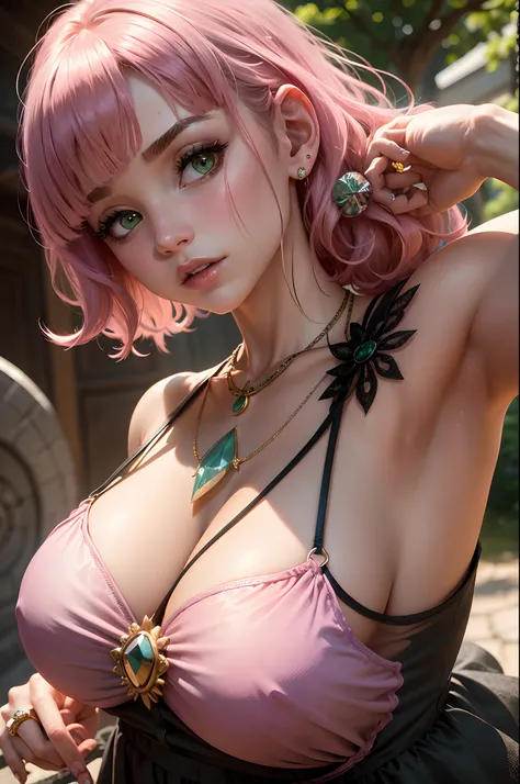 A European girl,armlets,By bangs,A pink-haired,Black dress,Ring ornaments,耳Nipple Ring,Flowing hair,glacier,Green eyes,jewely,Look at the viewer,Contre-Jour，Parted bangs,short detailed hair,black sleeveless top,solo person,Crystal necklace,fresh flowers,Ex...