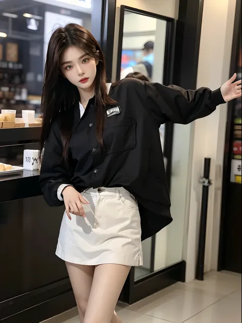 ​masterpiece、top-quality)、1 beutiful girl、Slim body、((Black and white plain clothes:1.1))、(Detailed beautiful eyes)、Walk around the store、((Boyish Brown Medium Hair))、((Smaller face))、((Neutral face))、((Face seen from the side))、((Light brown eyes))、((Kore...