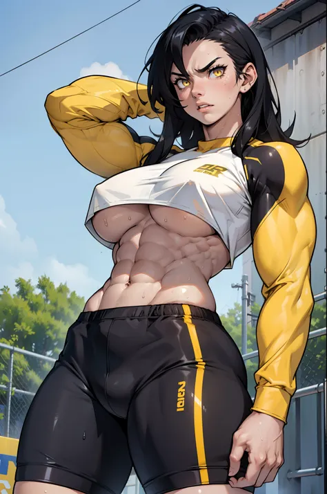 black hair, yellow eyes, solo, sweaty, shiny skin, angry, pale skin, ((((((muscular, 1girl)))))), curvy, thin waist, very long hair, sweaty, perky breasts, long sleeve shirt, bike shorts, underboob, navel, from below