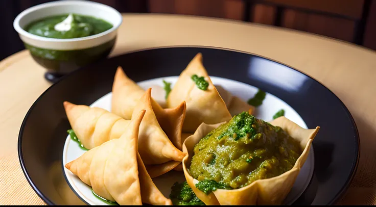 Samosa on a plate with Green chutney on the side in a bowl, perfect samosa