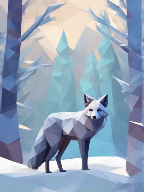 silver fox in the winter forest, cool colors,