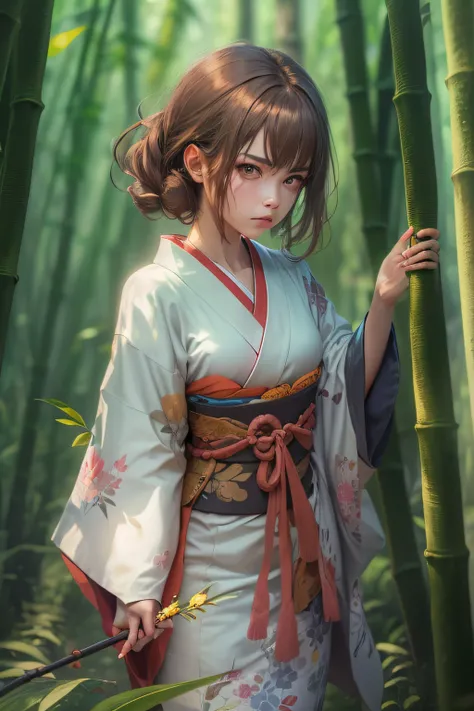 1 girl, japanese, light brown hair, streaked hair, hair between eyes, glaring, bloodshot eyes, tsundere, wearing a kimono, walking through a bamboo forest, in a mountain, background is serene, inspired by  Mandy Jurgens, (8k, UHD), (best quality, masterpie...