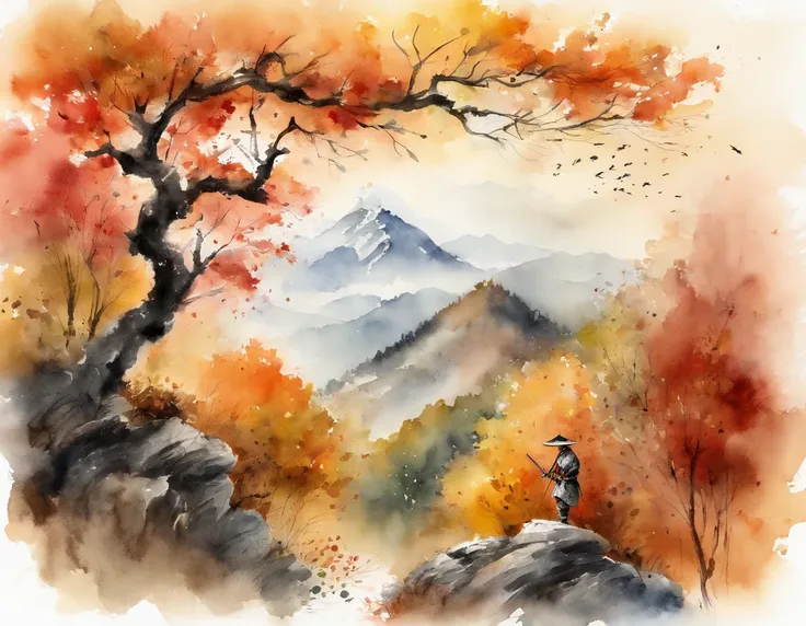 (a samurai,behind,standing on a mountain,image of,autumn forest,back turned to viewers,autumn leaf flying)(photorealistic,ultra-detailed)