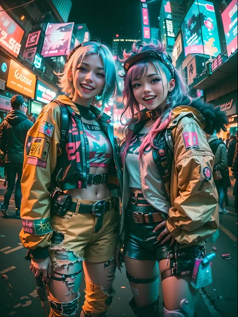 ((2 cyberpunk girls wearing colorful Harajuku style pop outfit)), ((fisheye lens)), cowboy shot, wind, messy hair, cyberpunk cityscape, (aesthetics and atmosphere:1.2), smiling, laughing, ((cinematic lighting))