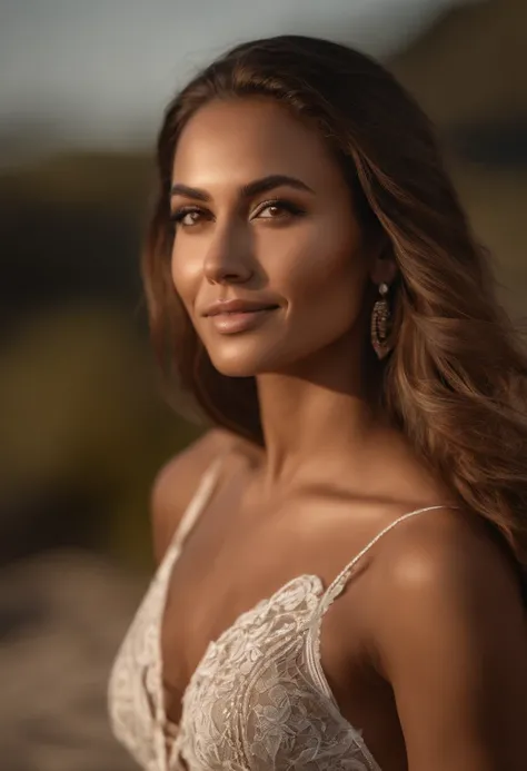 Nikon Z 85mm,((best quality)), ((masterpiece)), ((realistic)),far from the camera image, gorgeous native american woman, brunette, 25 year old, posing in a beach, wearing lingerie petite, smile with teeth showing, ((small breasts)), intricate details, high...