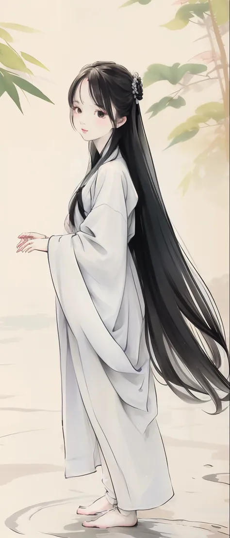 ((4k,masterpiece,best quality)), shuimobysim, Traditional chinese painting, lotuses, Hanfu, maxiskit, Dress conservatively 1girl, solo, blue long hair, ssmile, standing on your feet, Feet in the water, The barefoot,White stockings，blackstockings