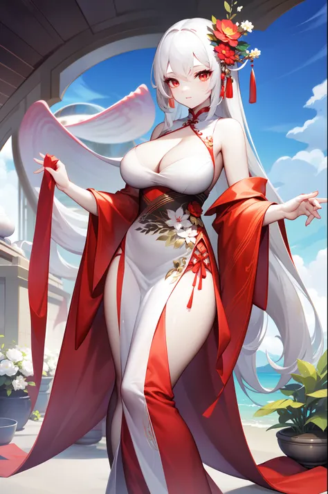 masterpiece, best quality, ultra details, volumetric lighting, 1girl, mature, tall, large breasts, cleavage, white hair, long hair, red eyes, white chinese dress, seductive, hair ornaments, crystal earing, anicent chinese architectures, outdoors