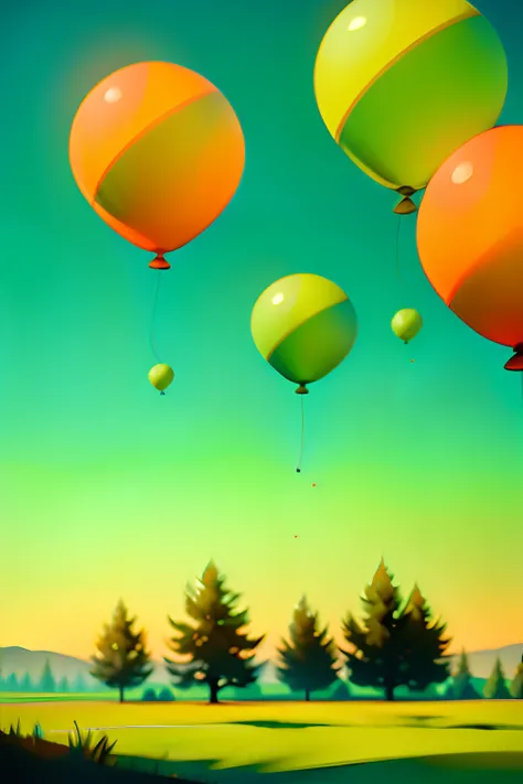 A painting of a summertime landscape, green trees, green grass, three multi-colored party balloons floating by, daytime light.