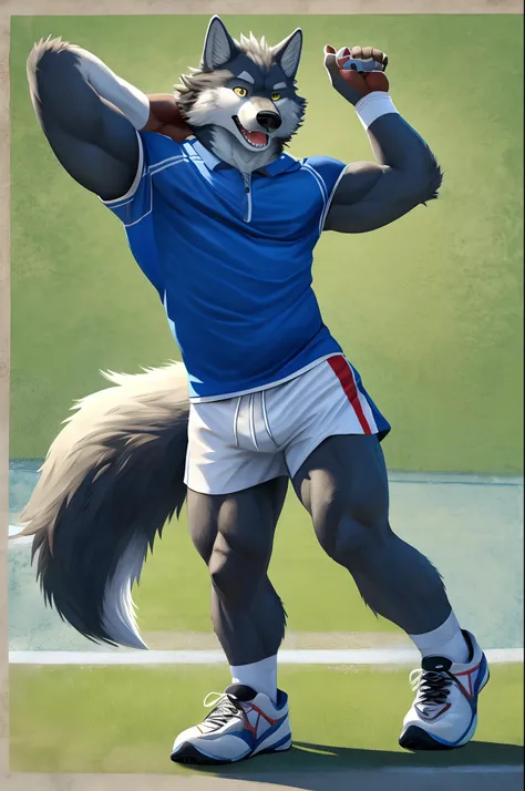 masterpiece, best quality, highres, 1male, solo,  furry, wolf male, athlete, tennis player,