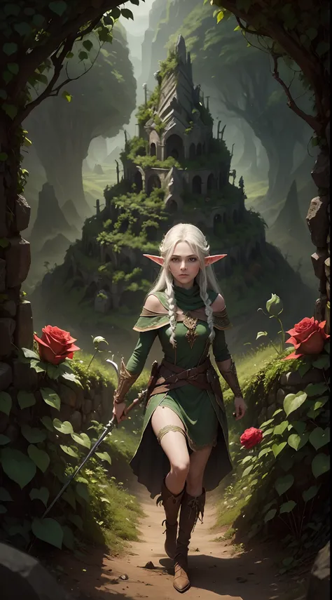 A lone elf standing atop a hill, defending against encroaching vines with a rose-imbued staff,
Determination, challenge,
Valor, defiance,
Elvish magic, rose-tangled defense, twilight glen, ethereal glow