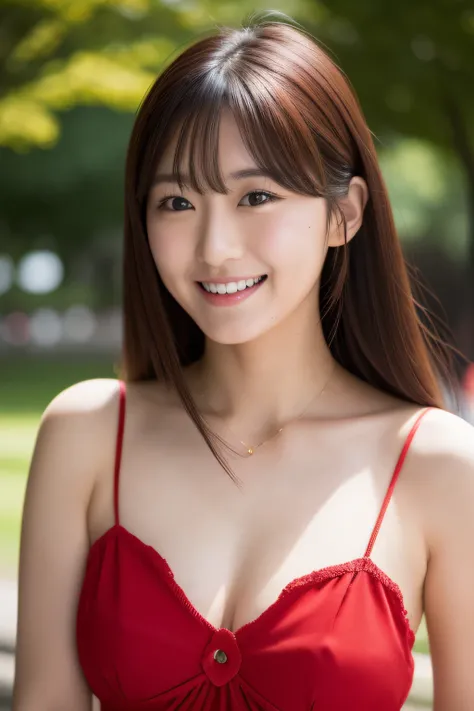 A woman in her 20s wearing a red sundress is in the park, japanease idol,finely detail, beautiful detailed women,flat chest, ,ssmile,full bodyesbian,The chest is open