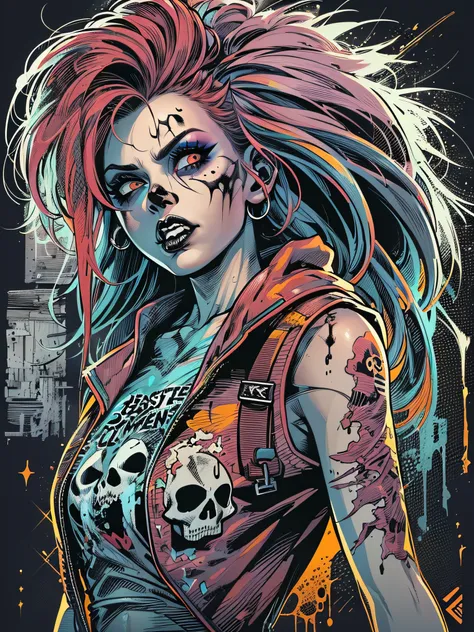 (best quality,4k,8k,High,masterpiece:1.2),ultra-detailed,(realistic,photorealistic,photorealistic:1.37), vector style, t-shirt image, Zombie Punk Style Girl, HALLOWEEN STYLE, white background , bright colors, vector image style, punk hair, Bold Makeup;, To...