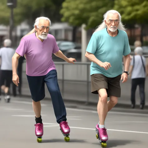 Long-haired old man in roller skates