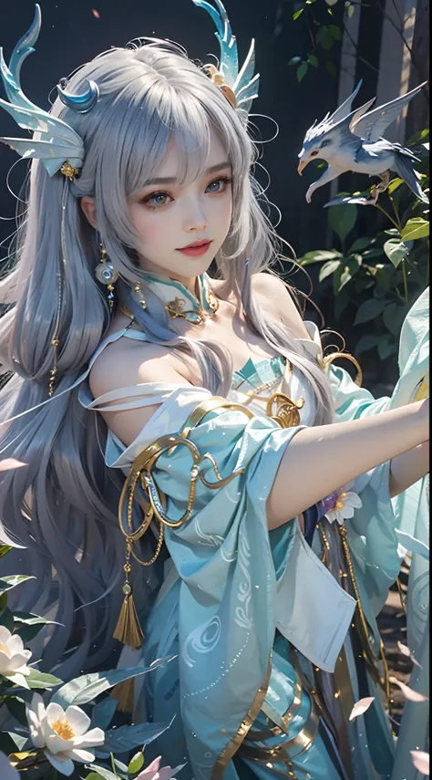 Close-up of a woman in costume on stage, Whole body xylose, Beautiful celestial mage, a stunning young ethereal figure, beautiful fantasy queen, astral witch clothes, shaxi, flowing magical robe, Hanfu Blanco, xianxia fantasy, belle delphine, Ethereal fant...