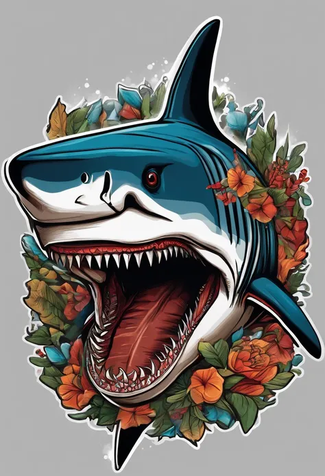 /imagine prompt: Shark illustration for sticker with black background, In bold, jagged edges, Trashkor, Light shading --V 5.2