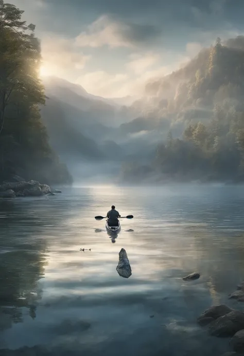 Generate an illustration of a contemplative landscape, calm and serene with mystic clouds and tranquil waters. 1man is kayaking alone in a expansive, misty lake, the entire atmosphere covered a calm light blue hue, in contemplative and philosothical, melan...