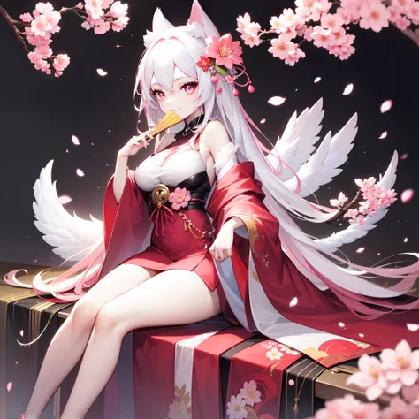 1girl, long hair, solo, pink hair, bird, hair ornament, water, looking at viewer, flower, cherry blossoms, pink eyes, breasts, black background, petals, sitting, bare shoulders, white hair, hair flower, animal ears, dress, branch, hand fan, hair between ey...