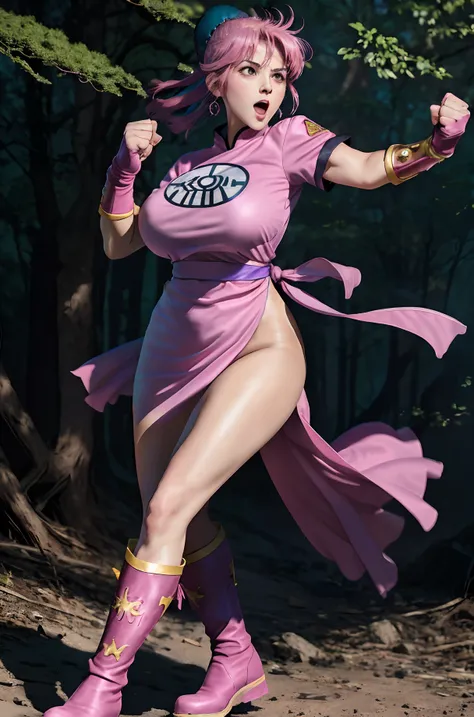 (masterpiece, best quality:1.1), (open mouth, clenched fist, action pose,:1.1), maam, dragon quest, 1girl, solo, (ultra huge breasts, short hair, pink hair, parted bang, bun cover,:1.1, yellow eyes, fingerless gloves, pink gloves, torn Chinese clothes, pin...