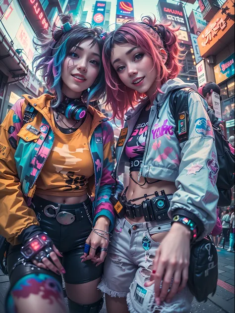 ((2 cyberpunk girls wearing colorful Harajuku style pop outfit)), ((fisheye lens)), cowboy shot, wind, messy hair, cyberpunk cityscape, (aesthetics and atmosphere:1.2), smiling, ((cinematic lighting))