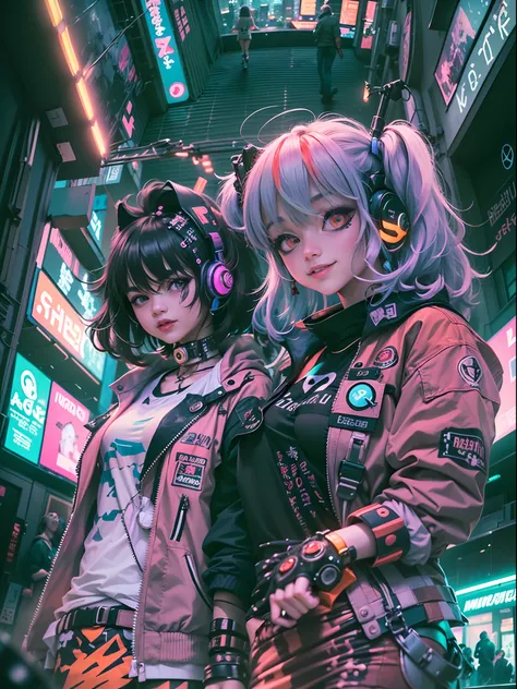 ((2 cyberpunk girls wearing colorful harajuku style pop outfit)), ((fisheye lens)), cowboy shot, wind, messy hair, cyberpunk cit...