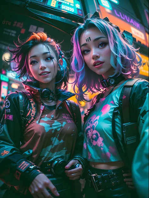 ((2 cyberpunk girls wearing colorful harajuku style pop outfit)), ((fisheye lens)), cowboy shot, wind, messy hair, cyberpunk cit...