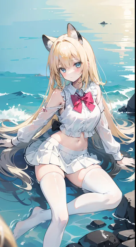 Masterpiece（（tmasterpiece）），（White color blouse），（（black micro skirt）），（White stockings），adolable，is shy，（Long yellow）Hair，red bowtie，long leges，（Have by the sea），（Facing the sea），Open navel，No shoes on，long leges