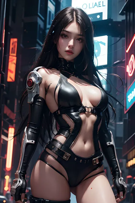 Beautiful girl in cyberpunk scene medium breasts, long hair, mechanical arms, see-through