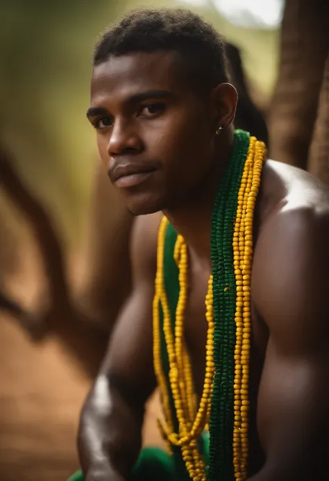 CABOCLO , mestizo black man, indio, adornos tipicos indigena,vestindo um ade de penas verdes e amarelas. intrincado, entidade da umbanda, rosto pintado. verde e amarelo,, olhar penetrante, cosmic god,