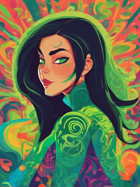 Shego from Kim Possible, black hair, green eyes, green and blue color scheme, grin