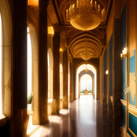 walking down the corridor, Show the magnificent exterior with its glistening marble and golden accents, and then transition to the lush courtyard with exotic plants and fountains. Finally, focus on the dimly lit corridor within the palace, where intricatel...