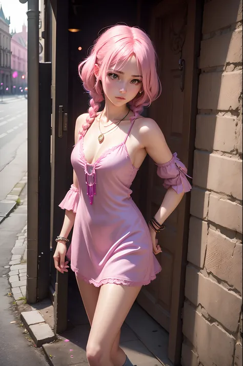 Castle of the Magic Immortal，Girl with pink hair，Short ear-length hair，Two small braids，Barbie，Pink V-neck slip dress，Sparkling necklace，haughty，Street photography，ins，CG，cyber punk perssonage，Medium format