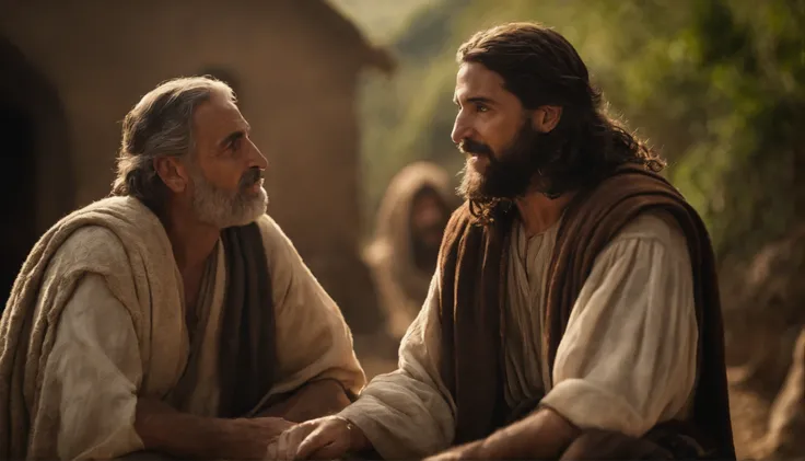 um homem velho de cabelos brancos conversando com um homem mais novo, perto de uma vinha, Biblical characters of the New Testament. tempo de jesus