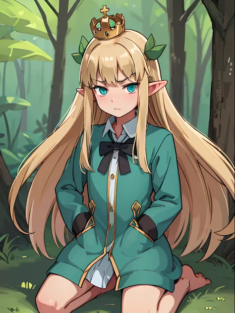 hiquality, tmasterpiece (Elf Girl). blonde hair. a small crown on the head. Cyan eyes. Stern face. The clothes: Green hunting coat of swampy color. Brown strap. Barefoot. against the background of the forest and the sky.