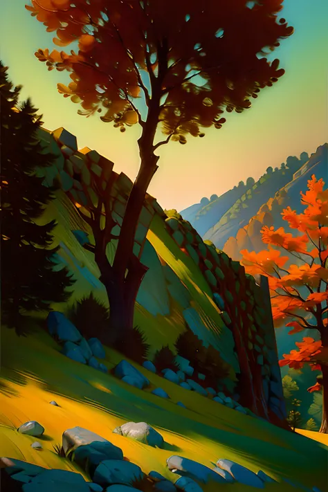 A painting of an autumn landscape, green trees and autumn trees, an imposing stone wall, afternoon light.