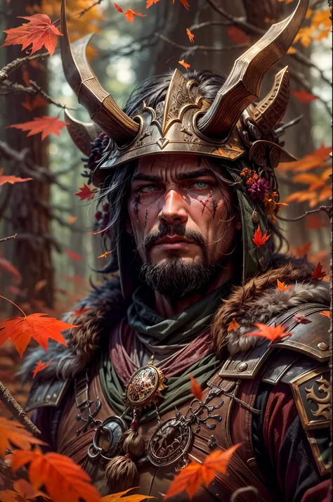 autumn forest scene with a man in samurai armor with fur around the neck and waist, wearing devil helmet, dusty detail ornaments, battle weary, man warrior, armor, epic, face scar, dnd character portrait, intricate, 8k resolution, dynamic lighting, hyperde...