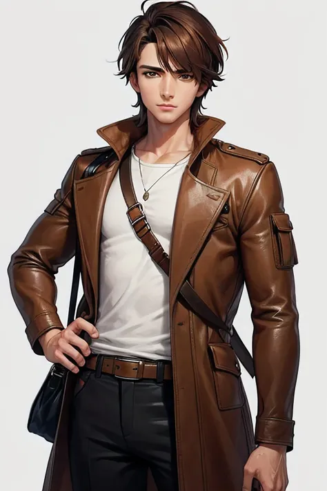 Young man, shoulder length brown hair, brown eyes, duster jacket, leather shoulder bag, white background, gray shirt