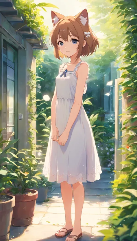 Anime cat ear girl standing in garden in white dress, Make breakfast in the kitchen，Loli no vestido, small curvaceous loli, Arte em estilo Guviz, Guweiz em Pixiv ArtStation, Guweiz em ArtStation Pixiv, Guviz, menina pequena loli, Soft anime illustration, V...