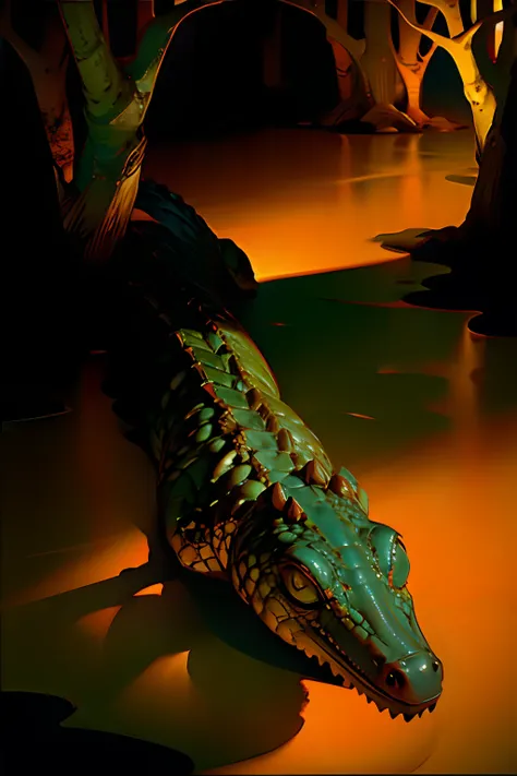 A painting of an alligator in a swamp, autumn, dark afternoon light.